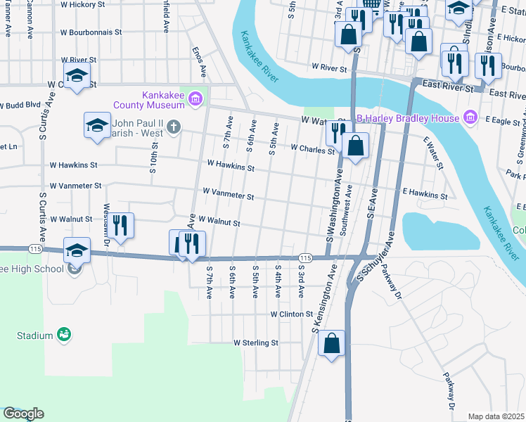 map of restaurants, bars, coffee shops, grocery stores, and more near 1181 South 5th Avenue in Kankakee