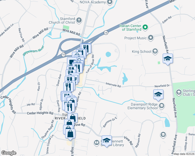 map of restaurants, bars, coffee shops, grocery stores, and more near 34 Intervale Road in Stamford
