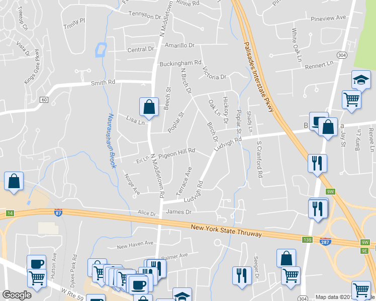 map of restaurants, bars, coffee shops, grocery stores, and more near 11 Pigeon Hill Road in Nanuet