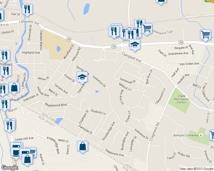 map of restaurants, bars, coffee shops, grocery stores, and more near 112 Yorkshire Drive in Suffern
