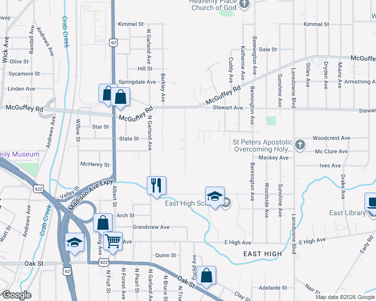 map of restaurants, bars, coffee shops, grocery stores, and more near 611 Cassius Avenue in Youngstown