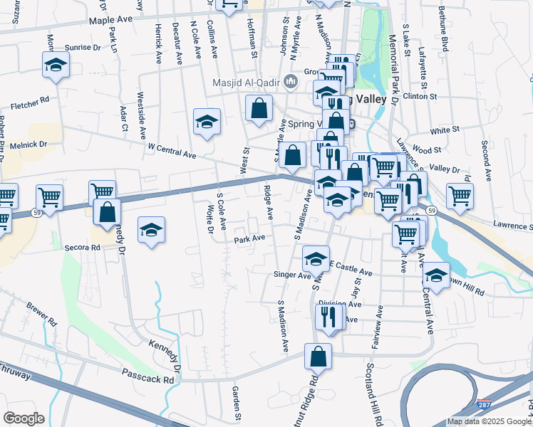 map of restaurants, bars, coffee shops, grocery stores, and more near 25 Ridge Avenue in Spring Valley