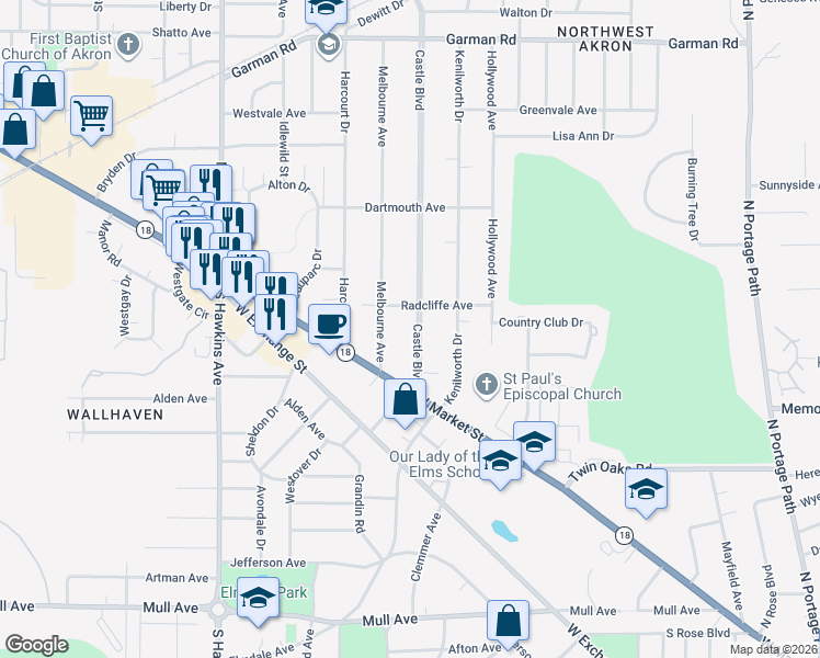 map of restaurants, bars, coffee shops, grocery stores, and more near 33 Melbourne Avenue in Akron