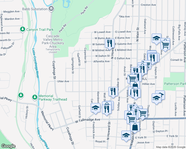 map of restaurants, bars, coffee shops, grocery stores, and more near 812 Aberdeen Street in Akron