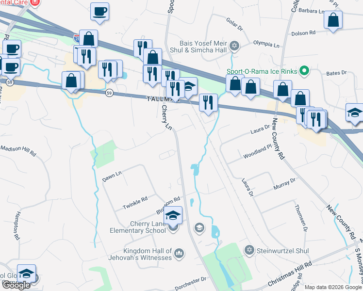 map of restaurants, bars, coffee shops, grocery stores, and more near 270 County Road 85 in Airmont