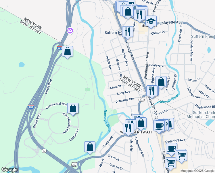 map of restaurants, bars, coffee shops, grocery stores, and more near 5 State Street in Mahwah