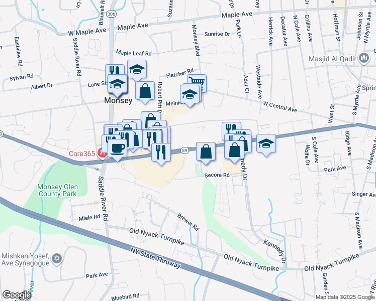 map of restaurants, bars, coffee shops, grocery stores, and more near 19 Highway 59 in Monsey