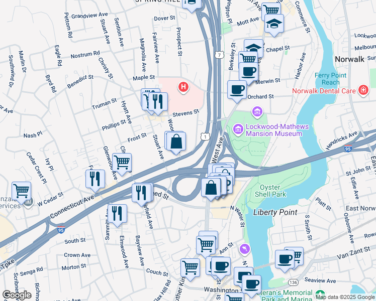 map of restaurants, bars, coffee shops, grocery stores, and more near 50 Connecticut Avenue in Norwalk
