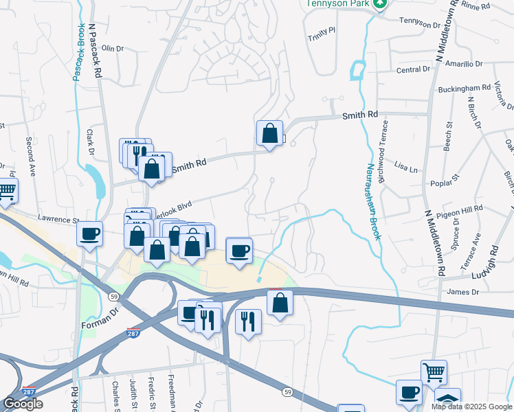 map of restaurants, bars, coffee shops, grocery stores, and more near 100 Avalon Gardens Drive in Nanuet