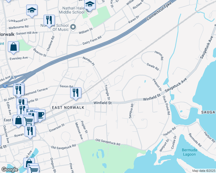 map of restaurants, bars, coffee shops, grocery stores, and more near 26 Triangle Street in Norwalk