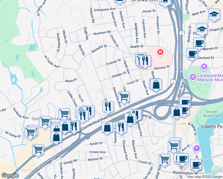 map of restaurants, bars, coffee shops, grocery stores, and more near 28 Ferris Avenue in Norwalk