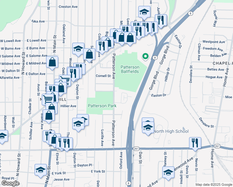 map of restaurants, bars, coffee shops, grocery stores, and more near 807 Patterson Avenue in Akron