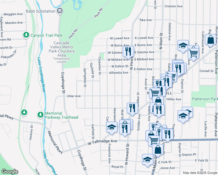 map of restaurants, bars, coffee shops, grocery stores, and more near 812 Aberdeen Street in Akron
