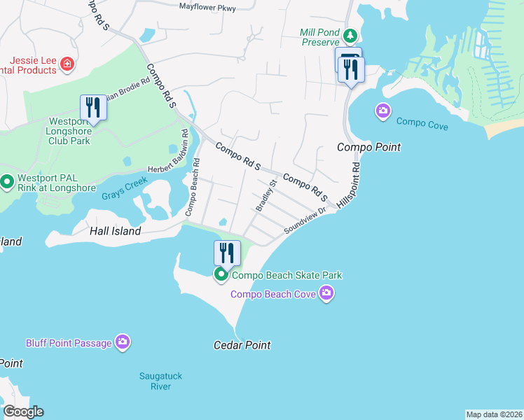 map of restaurants, bars, coffee shops, grocery stores, and more near 11 Bradley Street in Westport