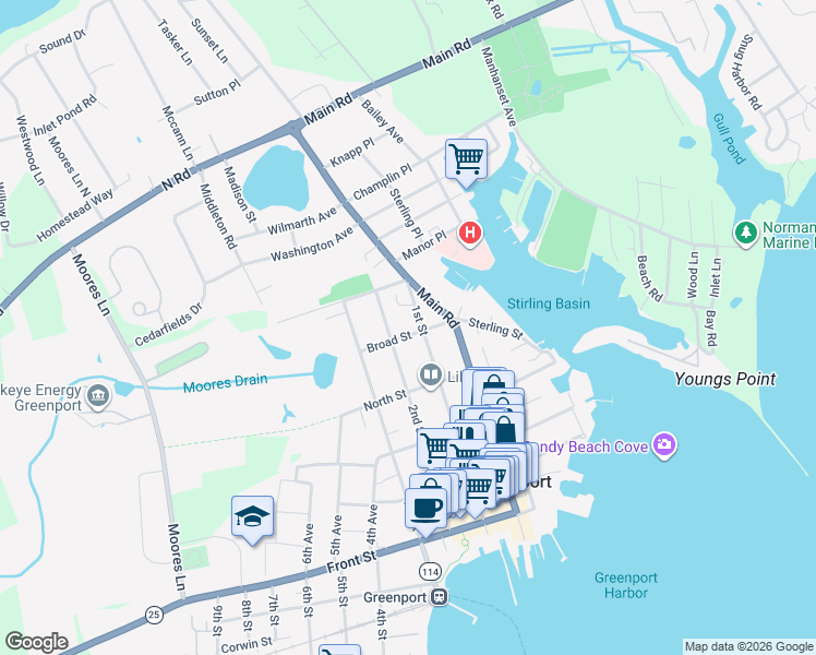 map of restaurants, bars, coffee shops, grocery stores, and more near 108 Broad Street in Greenport