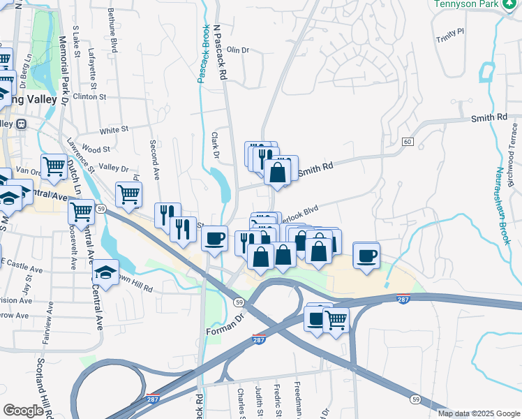 map of restaurants, bars, coffee shops, grocery stores, and more near 306 Airport Executive Park in Nanuet