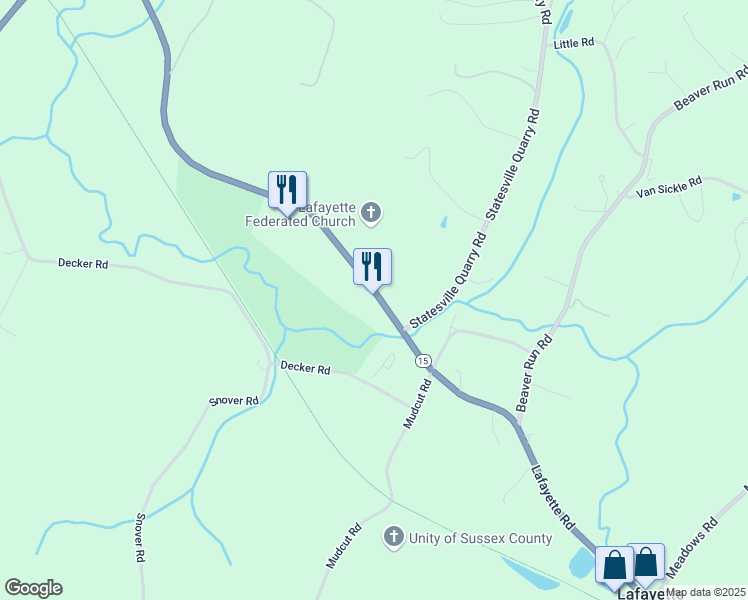 map of restaurants, bars, coffee shops, grocery stores, and more near 177 New Jersey 15 in Lafayette Township
