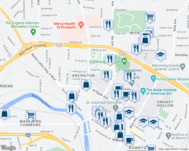 map of restaurants, bars, coffee shops, grocery stores, and more near 373 Arlington Street in Youngstown
