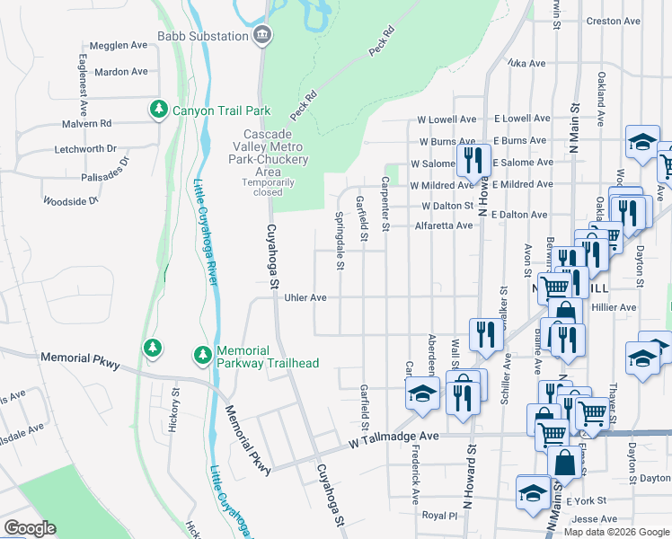map of restaurants, bars, coffee shops, grocery stores, and more near 838 Springdale Street in Akron