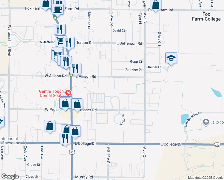 map of restaurants, bars, coffee shops, grocery stores, and more near 1012 Alice Court in Cheyenne