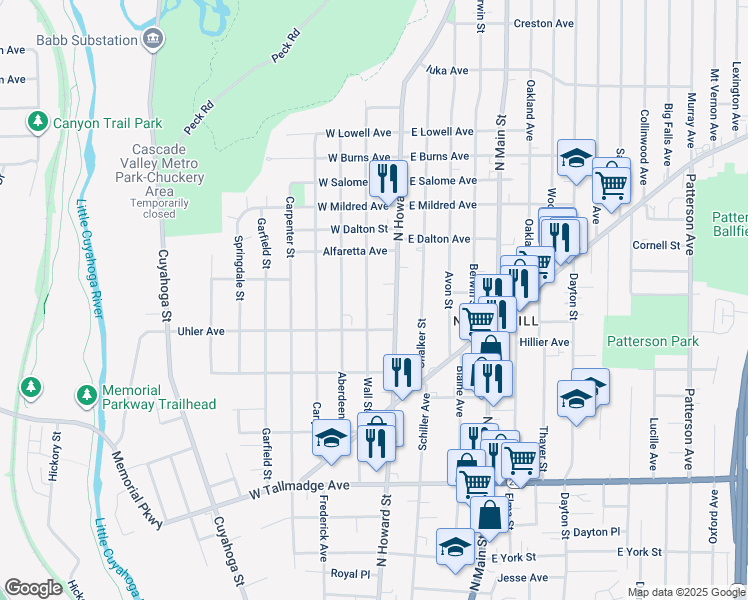 map of restaurants, bars, coffee shops, grocery stores, and more near 807 Wall Street in Akron