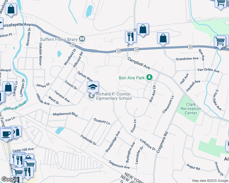 map of restaurants, bars, coffee shops, grocery stores, and more near 60 Milford Lane in Suffern