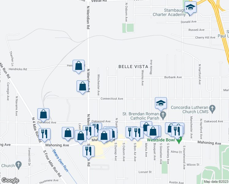 map of restaurants, bars, coffee shops, grocery stores, and more near 420 North Dunlap Avenue in Youngstown