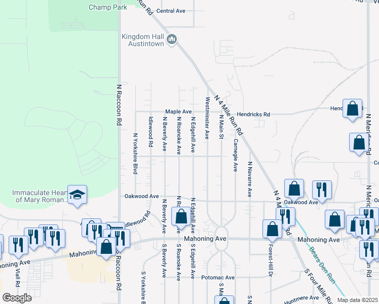 map of restaurants, bars, coffee shops, grocery stores, and more near 208 North Edgehill Avenue in Youngstown