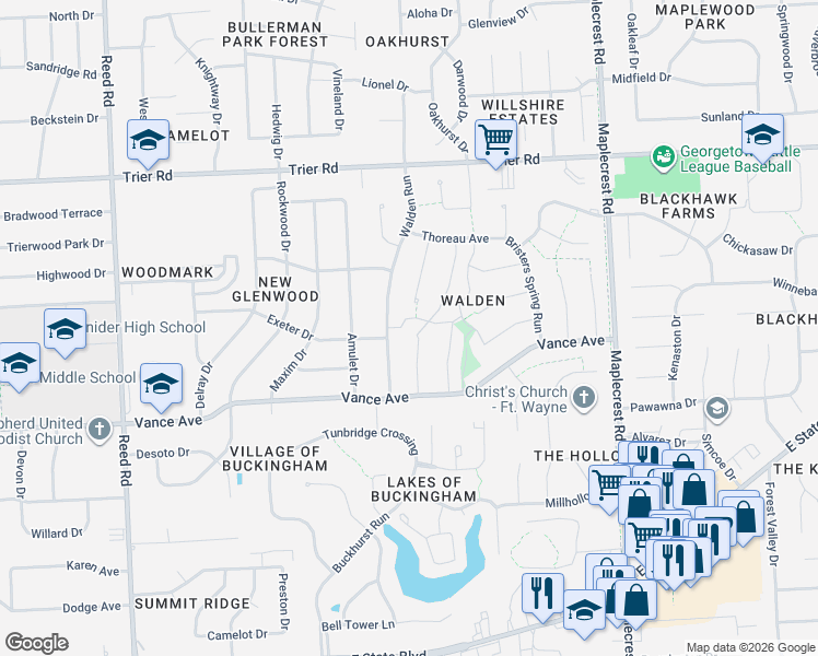 map of restaurants, bars, coffee shops, grocery stores, and more near 3310 Sudbury Place in Fort Wayne