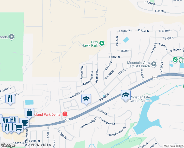 map of restaurants, bars, coffee shops, grocery stores, and more near 3325 Redshoulder Drive in Layton