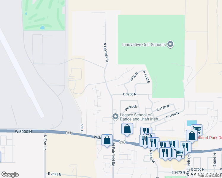map of restaurants, bars, coffee shops, grocery stores, and more near 3250 North Fairfield Road East in Layton