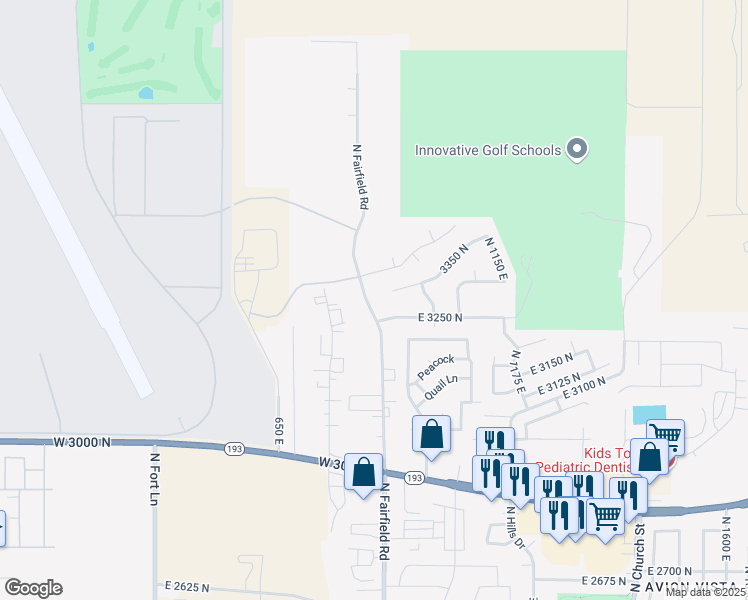map of restaurants, bars, coffee shops, grocery stores, and more near 3250 North Fairfield Road East in Layton