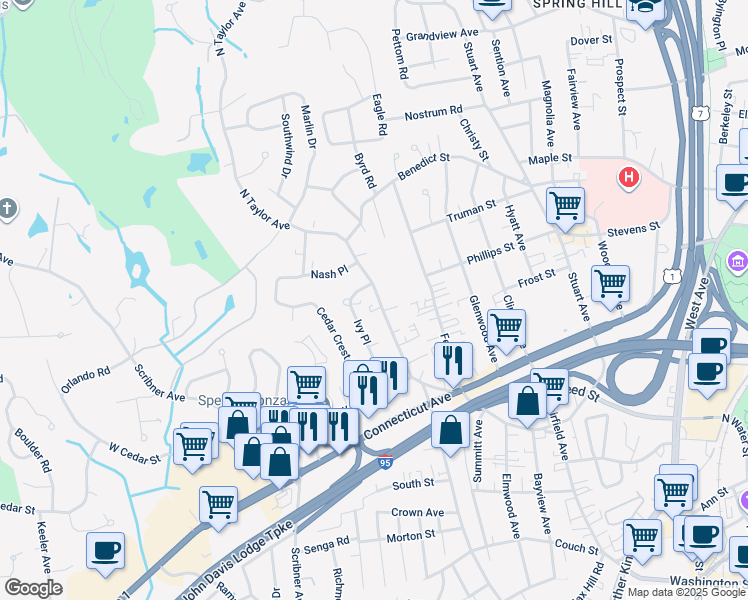 map of restaurants, bars, coffee shops, grocery stores, and more near 27 North Taylor Avenue in Norwalk