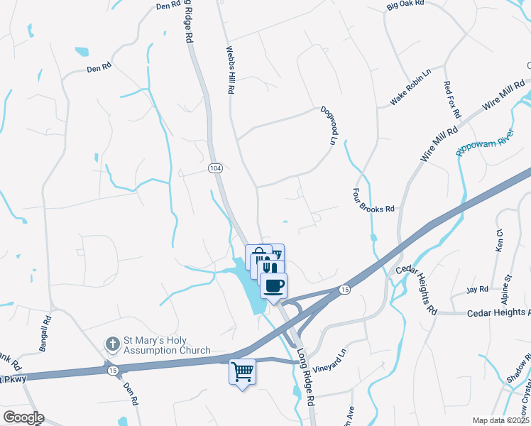 map of restaurants, bars, coffee shops, grocery stores, and more near 109 Webbs Hill Road in Stamford