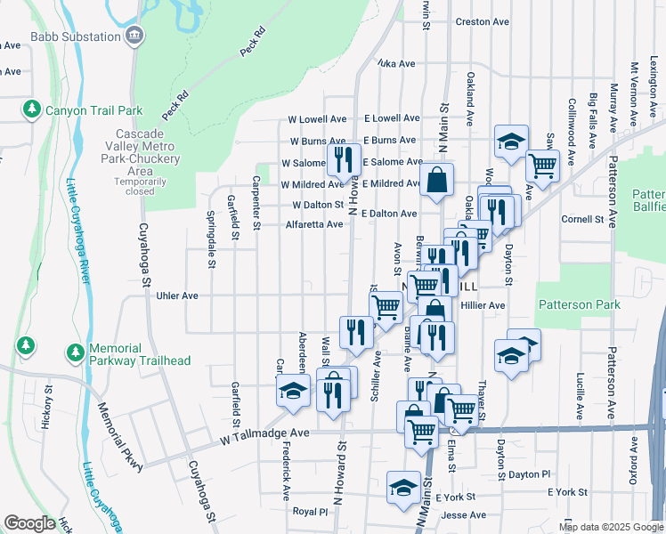 map of restaurants, bars, coffee shops, grocery stores, and more near 807 Wall Street in Akron