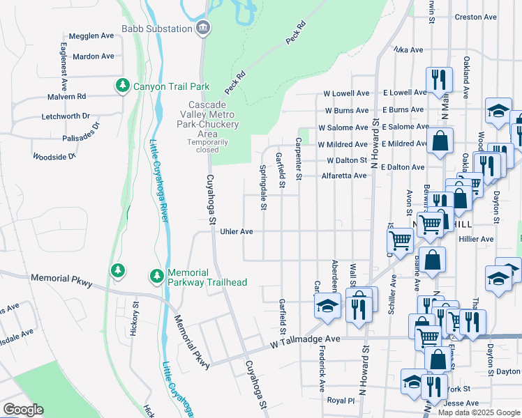 map of restaurants, bars, coffee shops, grocery stores, and more near 820 Springdale Street in Akron