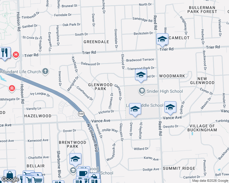 map of restaurants, bars, coffee shops, grocery stores, and more near 3321 Glencairn Drive in Fort Wayne