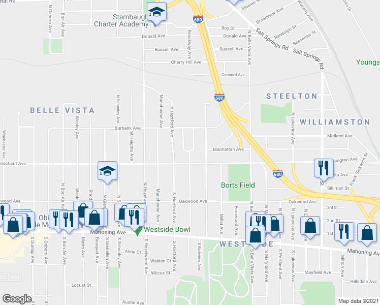 map of restaurants, bars, coffee shops, grocery stores, and more near 400 North Brockway Avenue in Youngstown