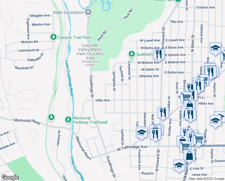 map of restaurants, bars, coffee shops, grocery stores, and more near 838 Springdale Street in Akron