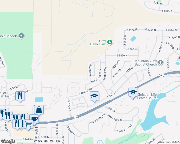 map of restaurants, bars, coffee shops, grocery stores, and more near 3292 Falcon Way in Layton