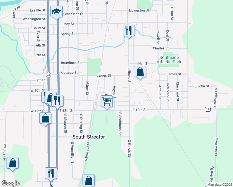 map of restaurants, bars, coffee shops, grocery stores, and more near 806 Cotton Street in Streator