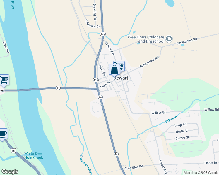 map of restaurants, bars, coffee shops, grocery stores, and more near 32 2nd Street in Dewart