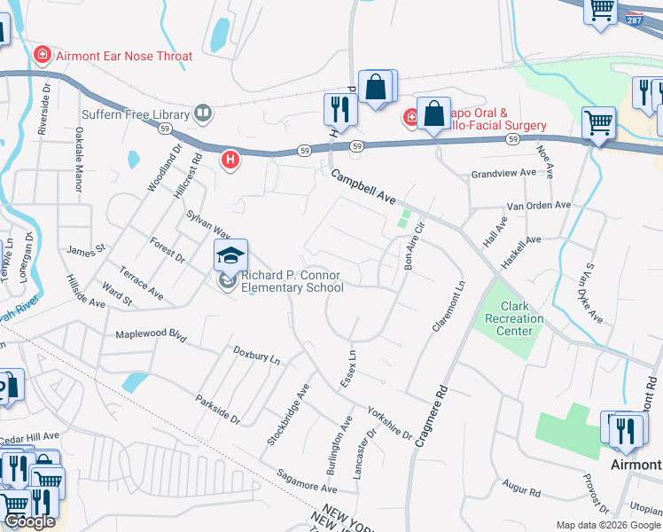 map of restaurants, bars, coffee shops, grocery stores, and more near 27 Milford Lane in Suffern