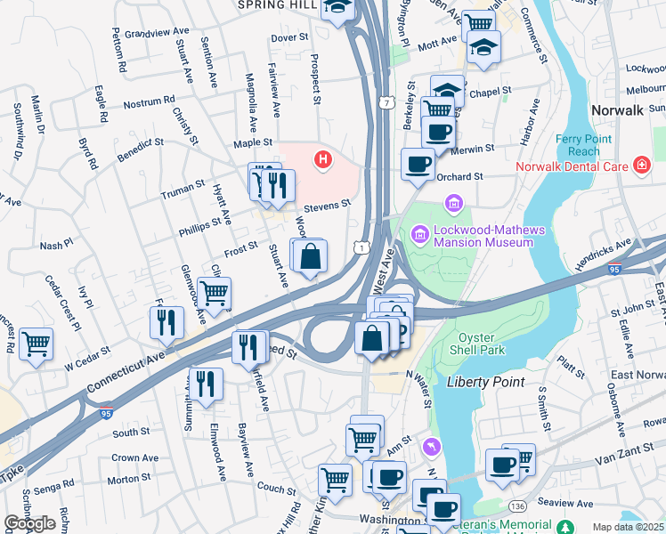 map of restaurants, bars, coffee shops, grocery stores, and more near in Norwalk