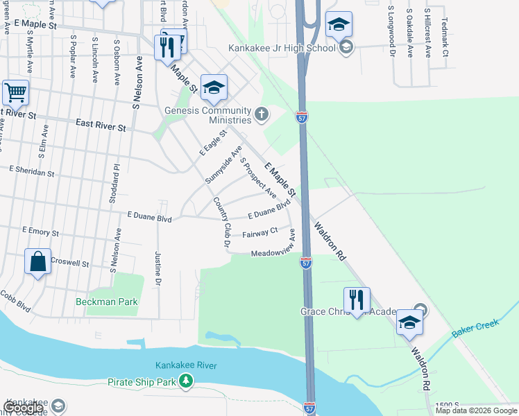 map of restaurants, bars, coffee shops, grocery stores, and more near 1863 East Duane Boulevard in Kankakee