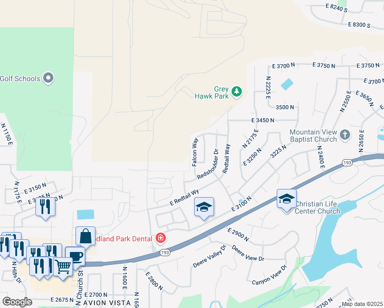 map of restaurants, bars, coffee shops, grocery stores, and more near 3245 Falcon Way in Layton