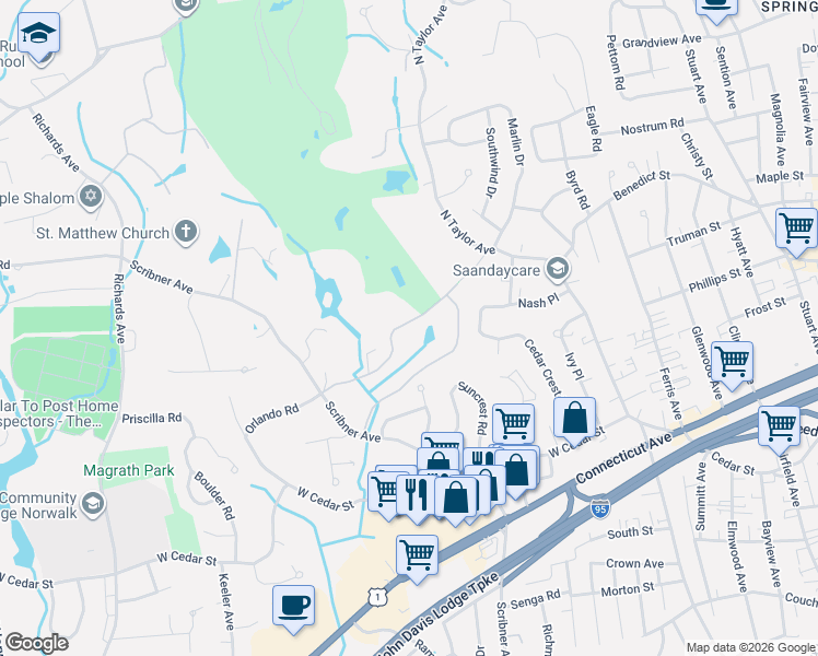 map of restaurants, bars, coffee shops, grocery stores, and more near 120 Gillies Lane in Norwalk