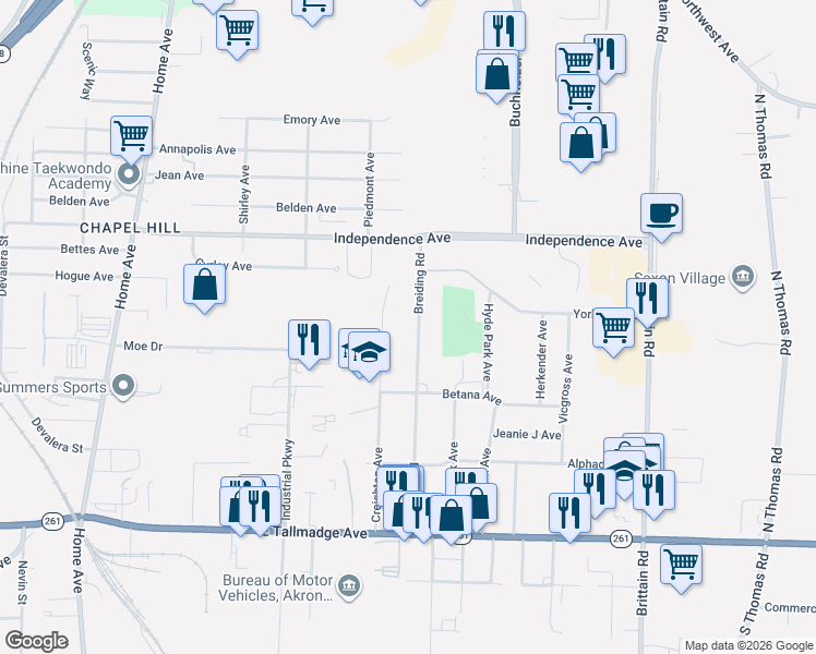 map of restaurants, bars, coffee shops, grocery stores, and more near 1600 Breiding Road in Akron