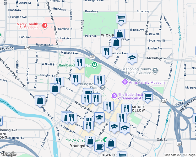 map of restaurants, bars, coffee shops, grocery stores, and more near 1 University Plaza in Youngstown