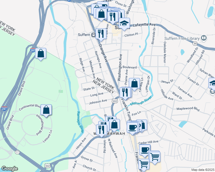 map of restaurants, bars, coffee shops, grocery stores, and more near Ramapo Avenue & North Ramapo Avenue in Suffern